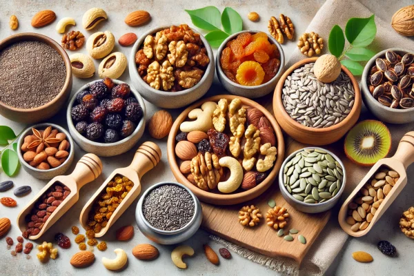 DALL·E-2024-12-25-13.45.42-A-visually-appealing-flat-lay-arrangement-of-various-dry-fruits-nuts-and-seeds-on-a-clean-wooden-surface.-Include-almonds-walnuts-cashews-raisins